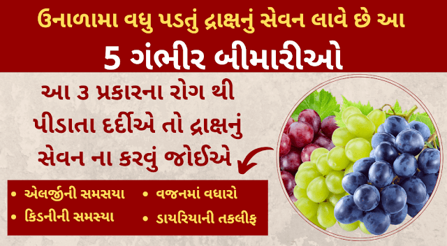 વધુ પડતું દ્રાક્ષનું પડતું સેવન લાવે છે આ 5 ગંભીર બીમારીઓ આ ૩ પ્રકારના રોગ થી પીડાતા દર્દીએ તો દ્રાક્ષનું સેવન ના કરવું જોઈએ | draksh khavana gerfayada ane nuksan