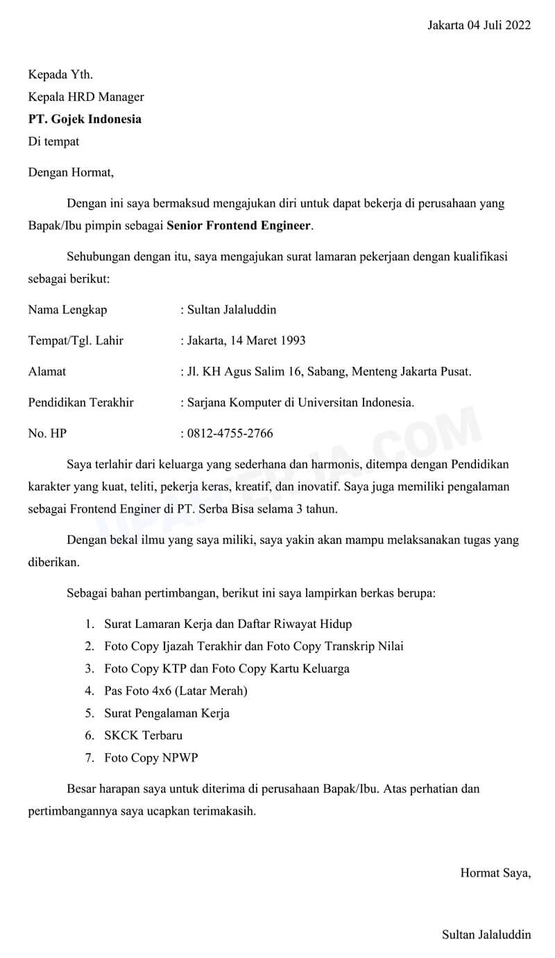 Contoh Surat Lamaran Kerja PT Gojek Indonesia
