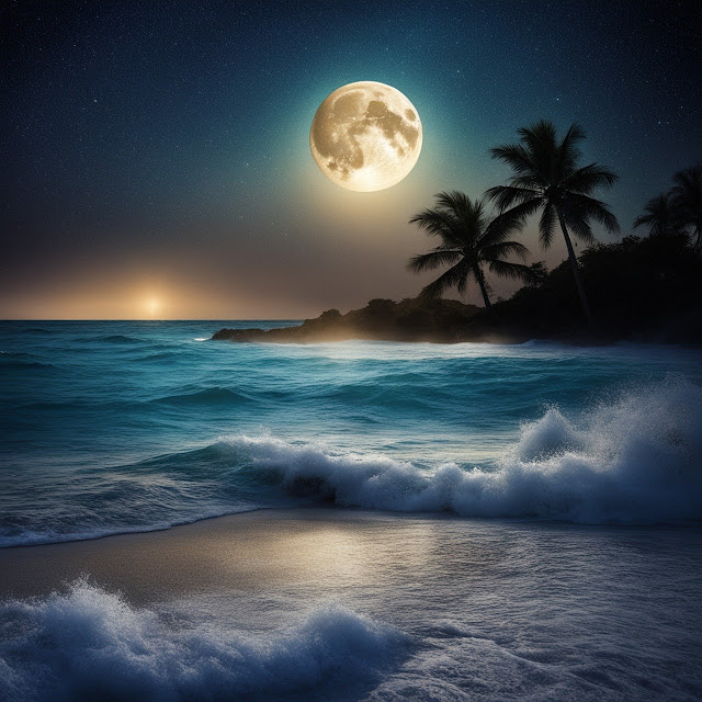 Preciosa imagen de un mar y su playa bajo una luna llena.