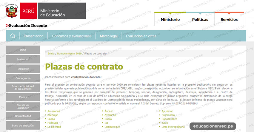 MINEDU publicó Plazas Vacantes para Contratación Docente 2020 - Nivel Nacional (10 Diciembre) www.minedu.gob.pe