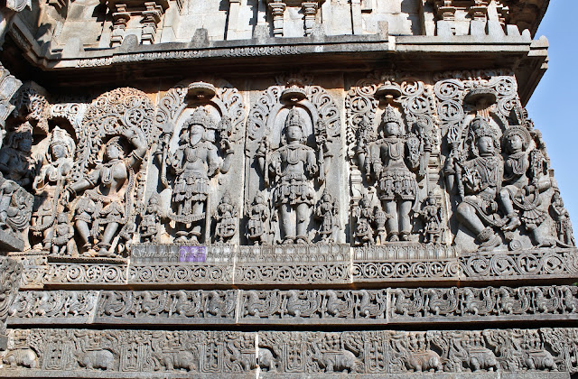 From right Shiva-Parvati, Vishnu, Maheshwara, Brahma, and followed by Madanika in dancing pose