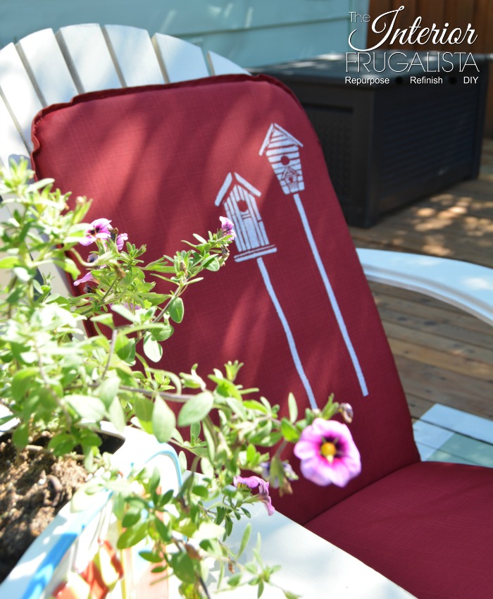 How to turn inexpensive outdoor chair cushions from drab to fab in less ten minutes into lovely one-of-a-kind cottage style with birdhouse stencils.