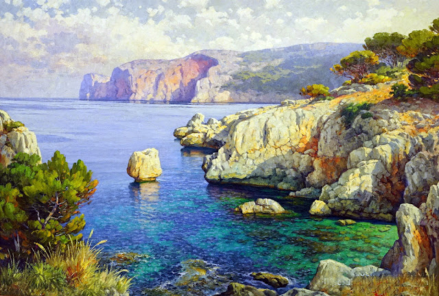 Paisaje de la Cala Deiá, Guillermo Gil, Cala Deiá, Paisaje de Mallorca, Mallorca en Pintura, Mallorca Pintada, Vista de Mallorca, Paisajes de Mallorca, Mallorca en Pintura, Montañas de Mallorca, Cala Mallorquín, Costa Mallorquina, Acantilados de  Mallorca