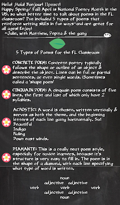 5 Types of poetry that work well in the world language classroom-concrete, cinquain, acrostic, diamante, couplet