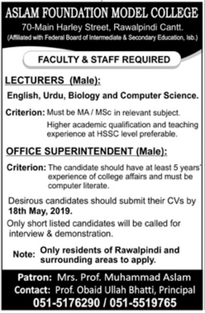 Aslam Foundation Model College Rawalpindi Jobs 2019 For Lecturer