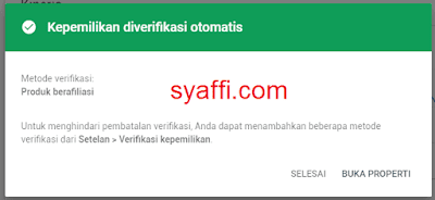 6. Kepemilikan situs diverifikasi otomatis oleh Google Search Console