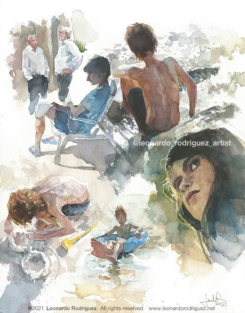 Watercolor sketches of diferent people.