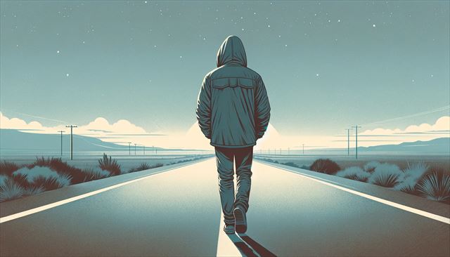 A wide illustration of an Asian man with a hooded parka walking along a solitary road stretching toward the horizon. The atmosphere is peaceful yet poignant, with a vast sky above and the road symbolizing a journey ahead. The man's posture reflects contemplation and resolve, as he moves forward along the path that fades into the distance.