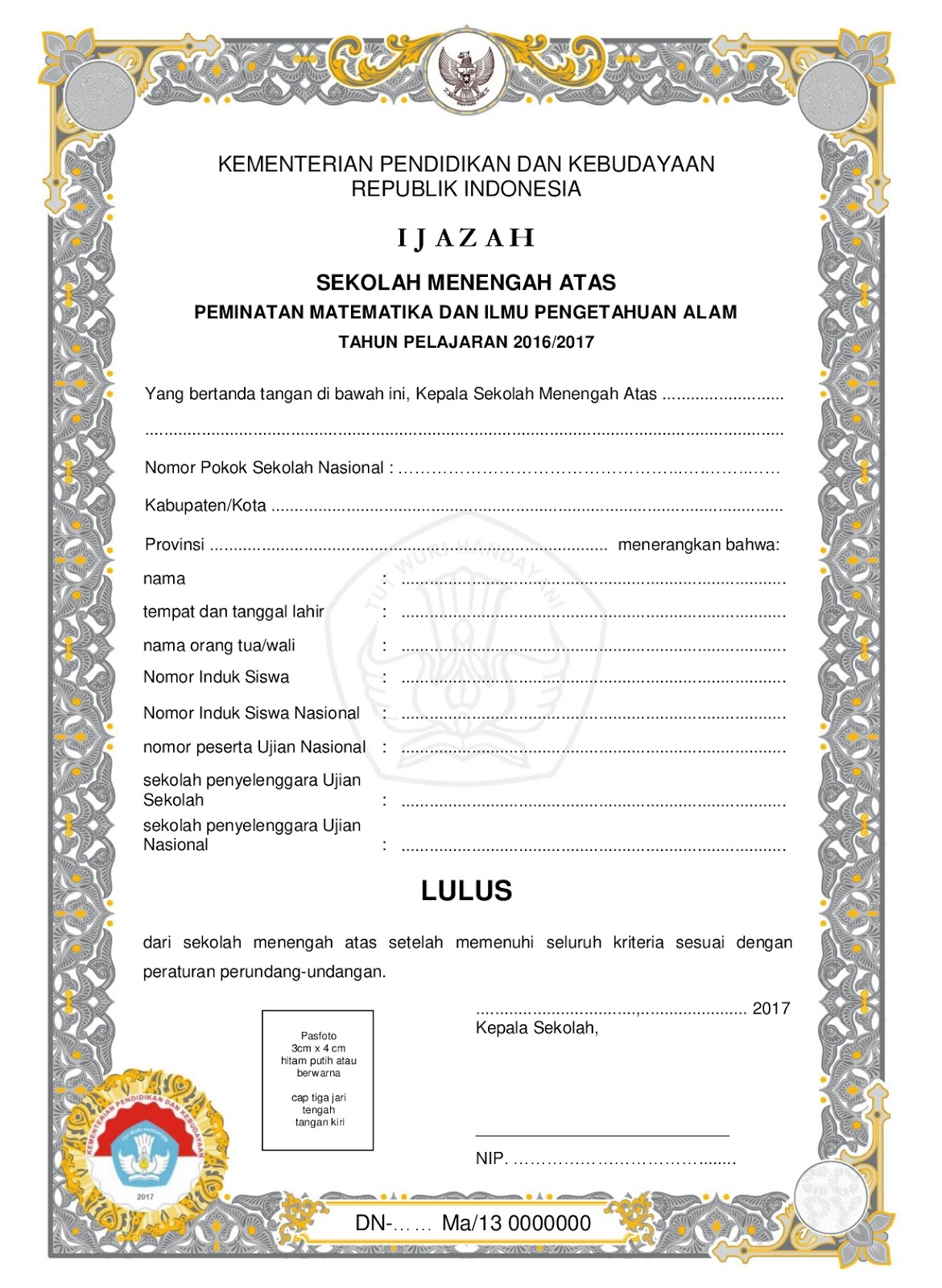 Download Contoh Blangko Ijazah SMA/SMK Tahun 2017 - SIDAPODIK