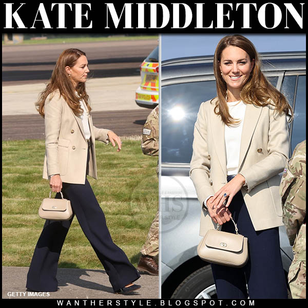 Kate Middleton in beige blazer and navy trousers