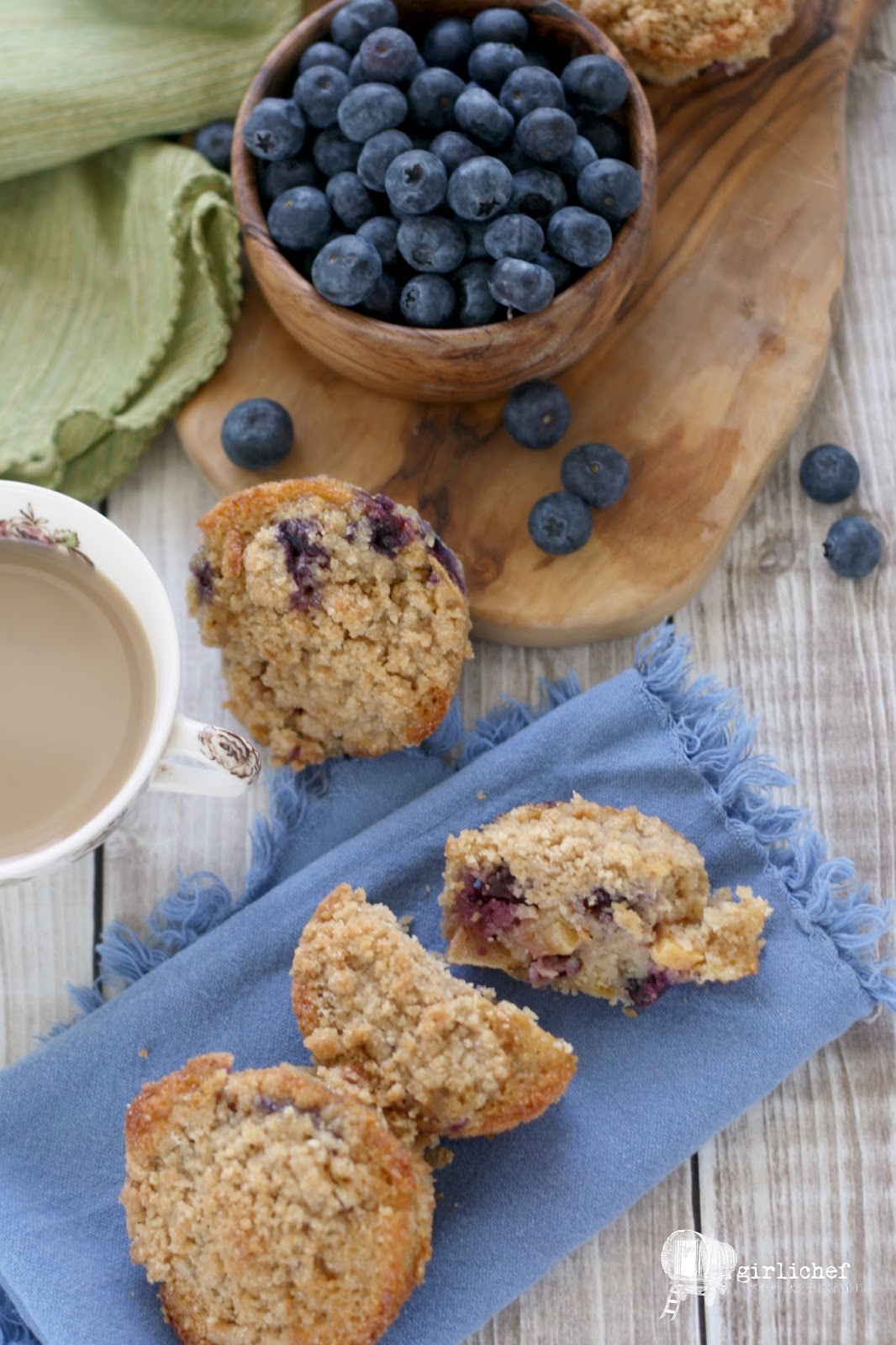 Spiced Blueberry Peach Streusel Muffins