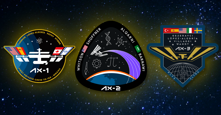 Axiom mission patches: Ax-1 flew in 2022; Ax-2 in 2023, and Ax-3 in 2024.