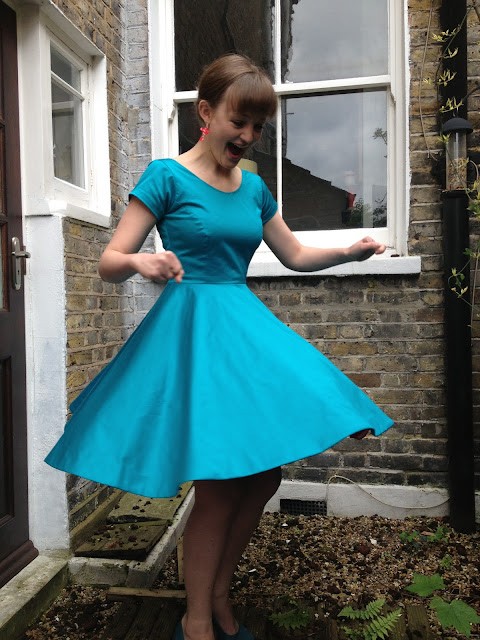 Diary of a Chainstitcher By Hand London Elisalex Dress Sewing Pattern with circle skirt made in Mood Fabrics teal cotton sateen