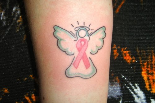 Small angel cloud with ribbon tattoo.