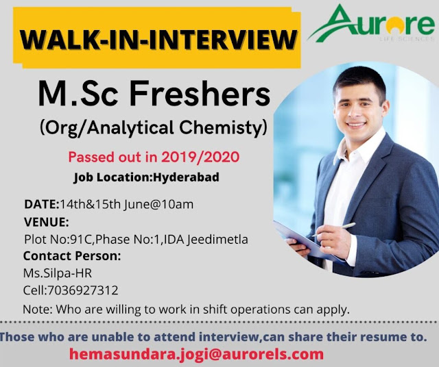 Job Availables, Aurore Life Sciences Interview For Fresher Msc Analytical/ Organic Chemistry