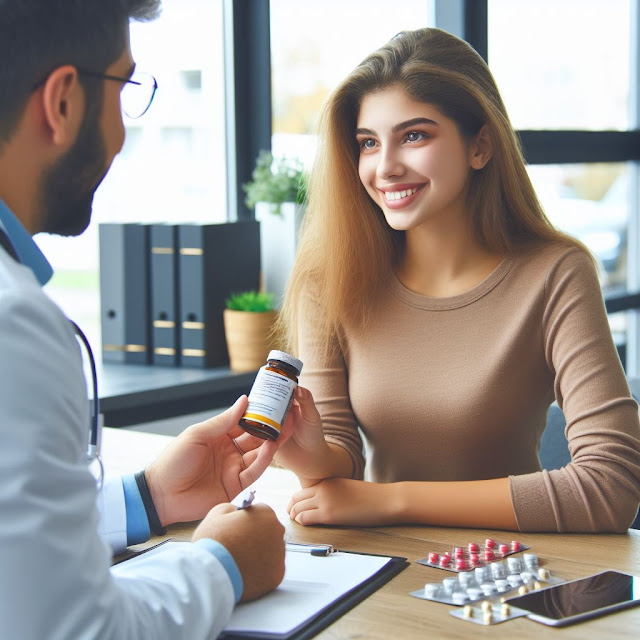 A lady medical rep is detailing her company's meds to a doctor at a hospital.