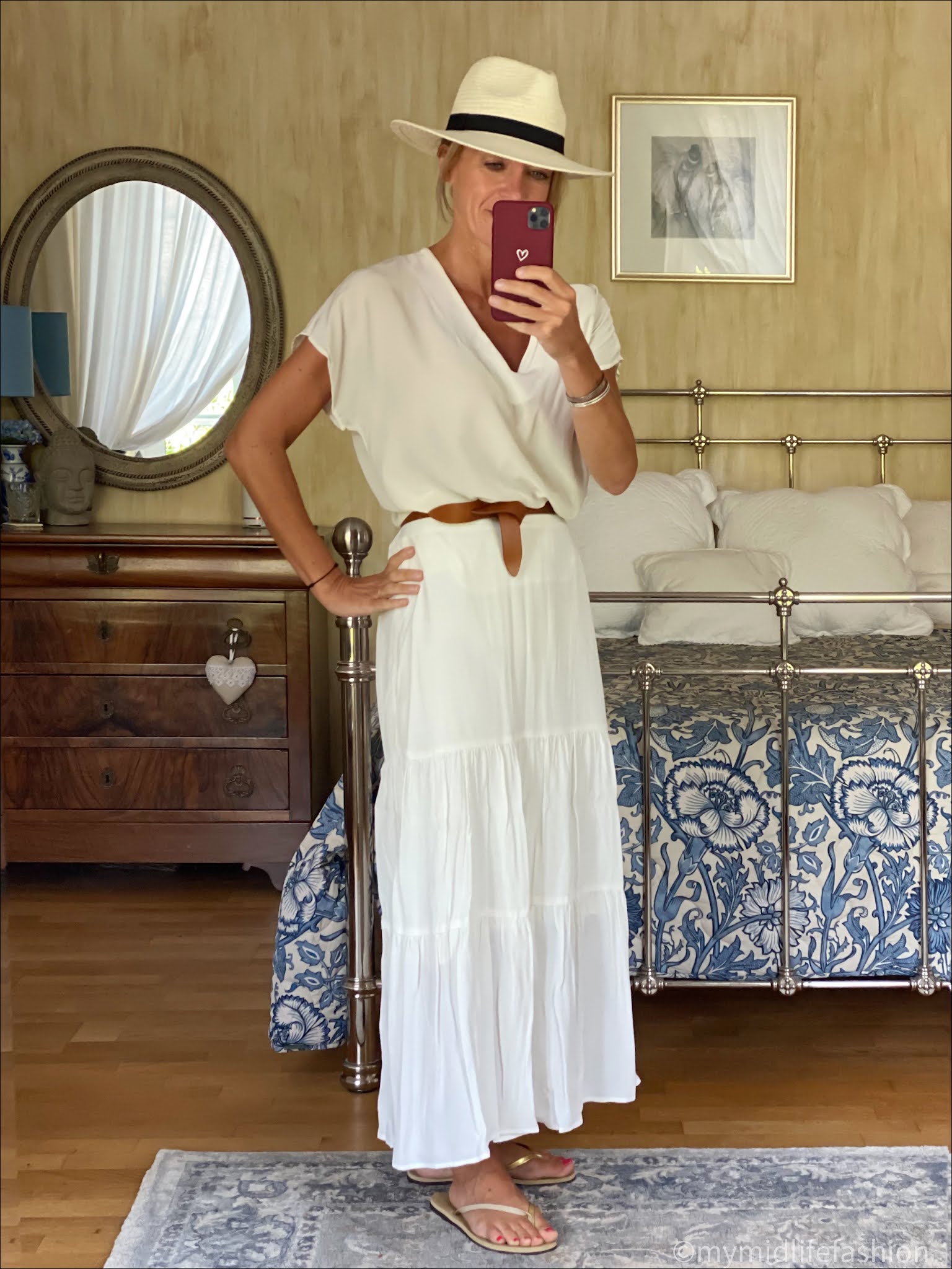 my midlife fashion, phase eight aspenne maxi skirt, Alexia silk blouse, Isabel Marant etoile lecce leather belt, Zara Panama hat, havaianas slim fit gold flip flops