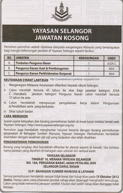 JAWATAN KOSONG (KERATAN AKHBAR): JAWATAN KOSONG DI YAYASAN ...