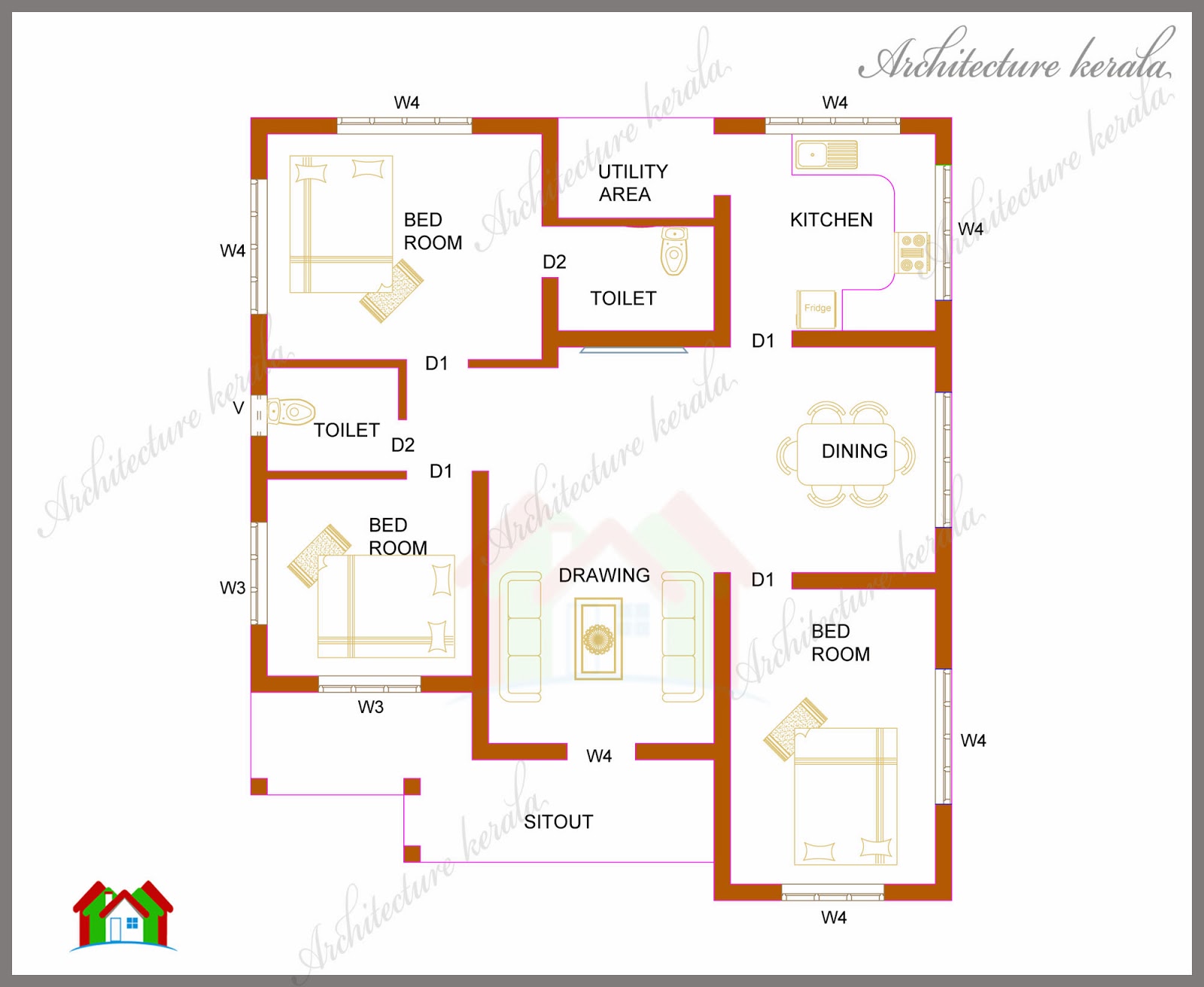  THREE  BEDROOMS  IN 1200 SQUARE FEET KERALA  HOUSE  PLAN  