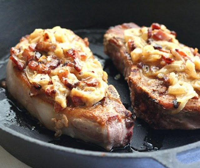 BACON AND CARAMELIZED ONION SMOTHERED PORK CHOPS RECIPE