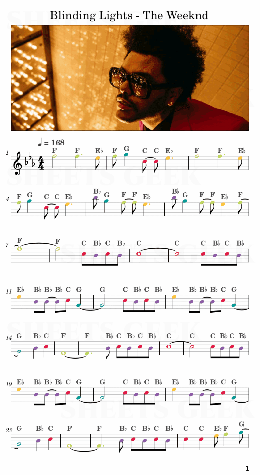 Blinding Lights - The Weeknd Easy Sheet Music Free for piano, keyboard, flute, violin, sax, cello page 1