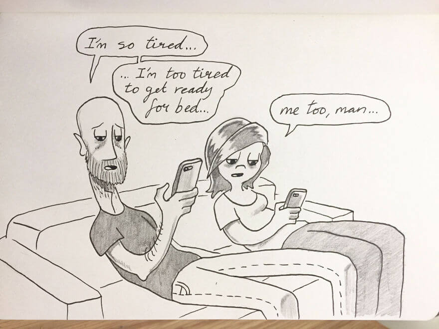 Guy Has Been Drawing A Comic Every Day For His Partner For Five Whole Years - Anyone Else Do That Thing Where You're So Tired You're Actually Too Tired To Begin The Bedtime Routine, So You Just Continue To Sit There