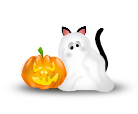 A cute ghost cat with a jack o'lantern