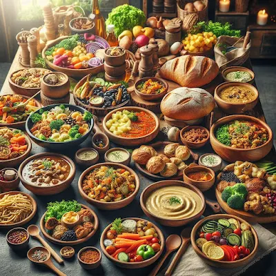 Das Bild zeigt einen Tisch mit verschiedenen Schüsseln, die mit Gemüse gefüllt sind. Die Schüsseln sind mit unterschiedlichen Gemüsesorten gefüllt, darunter:  Karotten, in Scheiben geschnitten Sellerie, in Scheiben geschnitten Paprika, in Würfel geschnitten Tomaten, in Scheiben geschnitten Gurken, in Scheiben geschnitten Radieschen, in Scheiben geschnitten Petersilie, gehackt Das Gemüse ist in verschiedenen Farben und Formen arrangiert und sieht ansprechend und appetitlich aus.