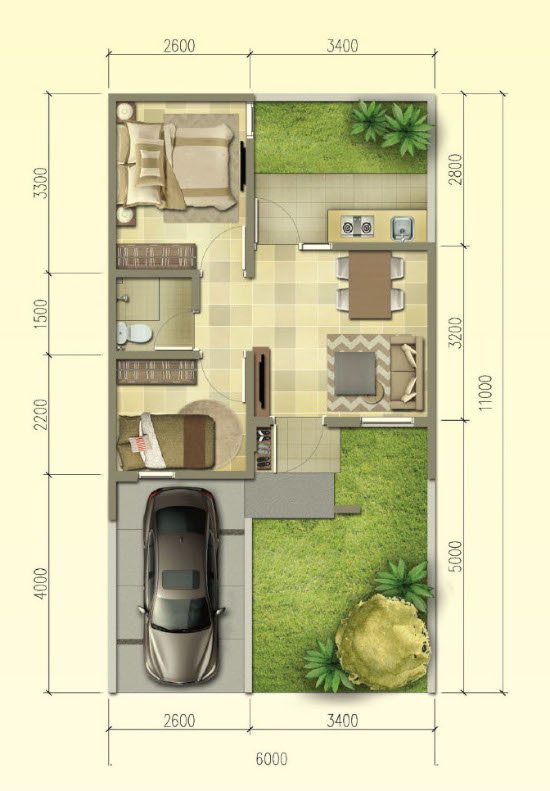 Denah rumah minimalis ukuran 6x11 meter 2 kamar tidur 1 lantai