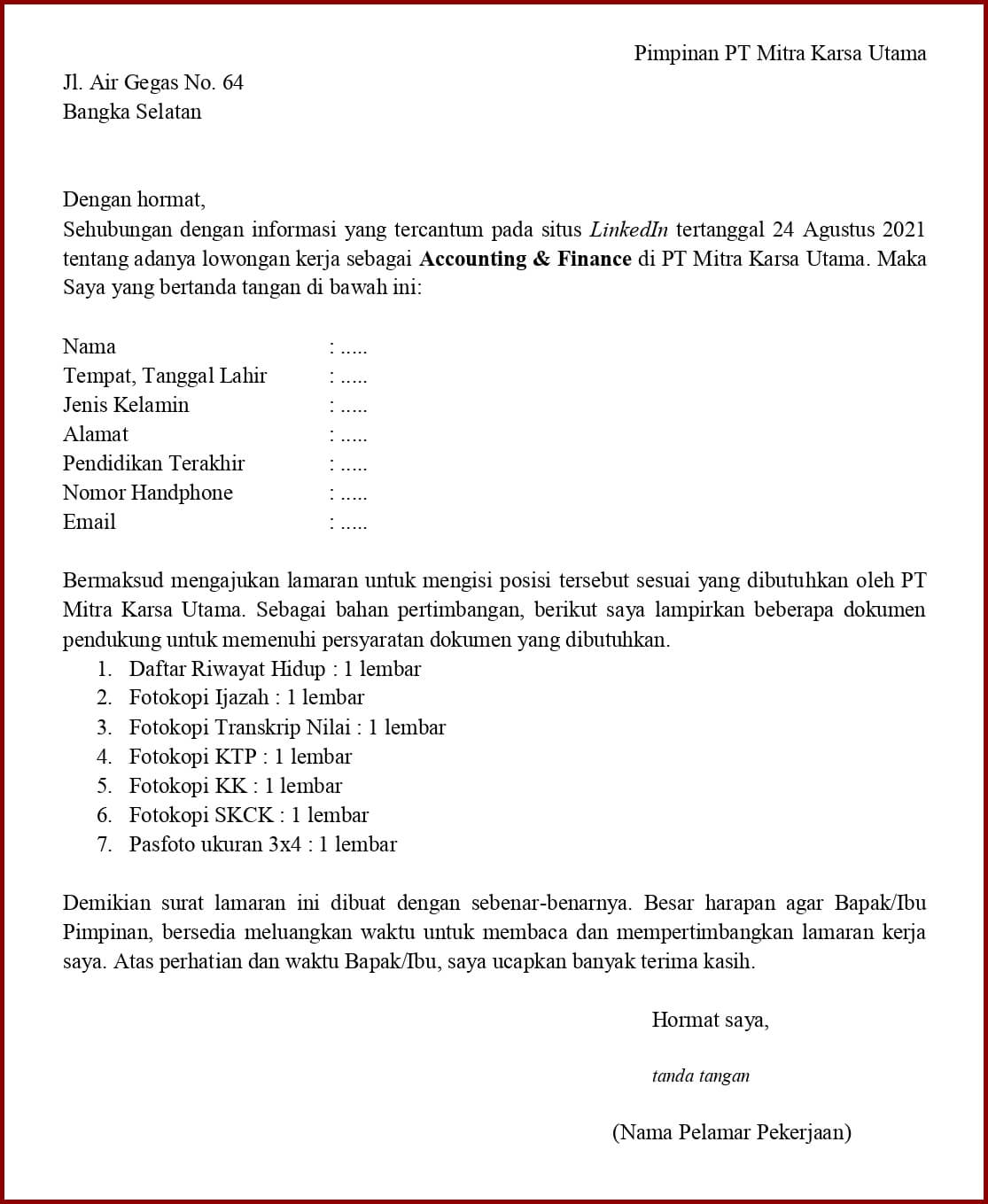 Contoh Application Letter Untuk Accounting & Finance (Fresh Graduate) Berdasarkan Informasi Dari Website