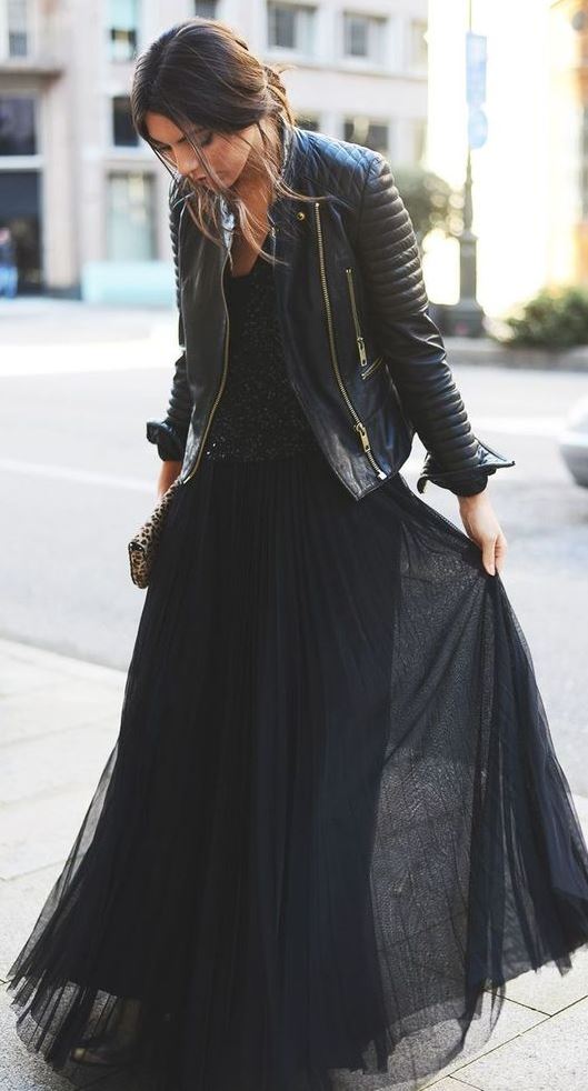 black on black | moto jacket + maxi skirt + bag + blouse