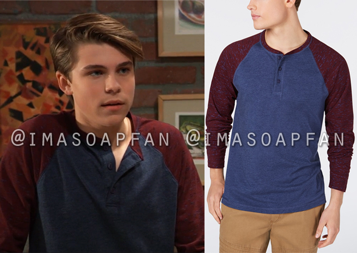 Cameron Webber, William Lipton, Blue and Burgundy Raglan Henley Tee, General Hospital, GH