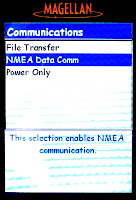 [Image: Screenshot of the device's UI. It shows the Communications menu, with the items File Transfer, NMEA Data Comm (selected), and Power Only. The selected item has a description 'This selection enabled NMEA communication'. The font is Comic Sans MS.]