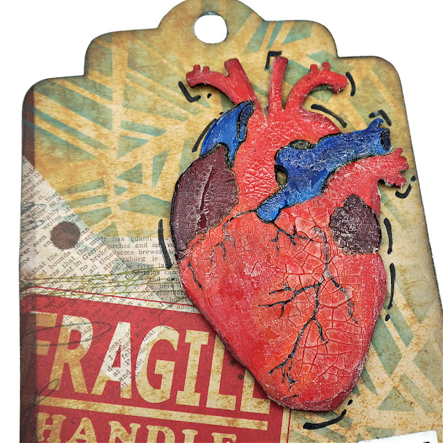 Stenciled Patterned Paper Tag with Hand Painted Crackle Glazed Anatomical Chipboard Heart