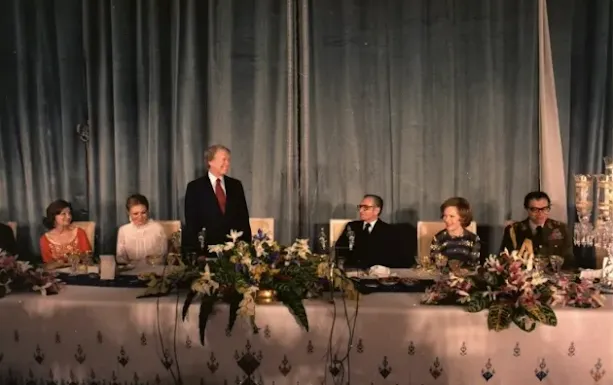 US President Jimmy Carter with the Shah of Iran in December 1977, praising Iran as an 'island of stability' in a tense Middle East