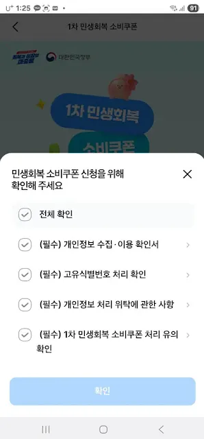 민생회복지원금 삼성카드 신청 약관 동의 항목 전체 확인 화면