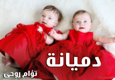 " دميانة توأم روحى " مكتوبه على صورة توأم جميل. طفلتين جميلتين ترتديان فساتين حمراء جميلة.