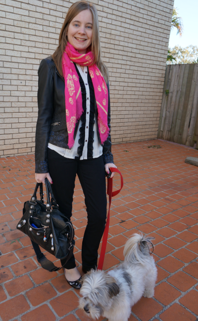 Away From Blue black pants for the office white ruffle shirt pink skull scarf