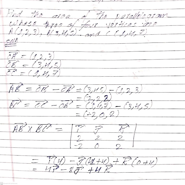 Find the area of parallelogram whose three of four vertices are A(1,2,3), B(3,4,5) and C(1,4,7)