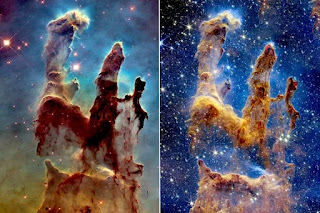 The James Webb Telescope captures the most accurate picture of the "Pillars of Creation" nebula This region of the sky draws the attention of researchers who want to develop physical models that explain how stars are created in dense dust clouds in space.  Researchers from the James Webb Space Observatory announced the release of a new image of the "pillars of creation", which is the most accurate and detailed to date; It will enable researchers in this area to update their theoretical models that explain the origin and evolution of stars.  The pillars of creation are a wonderful celestial scene that represents part of the "Eagle" nebula, and this scene drew global attention when the Hubble telescope took a picture of it in 1995, and because of its distinctive shape - as if it were 3 celestial mountain peaks - it took an important place in astronomical documentaries over the past 3 decades.  The "Pillars of Creation" is a really vast region, extending to the equivalent of 7 to 10 solar systems of the ones in which we live, and located at a distance of 7,000 light years from Earth. A light year is a unit of distance measurement representing about 9.5 trillion kilometers.  Cloud penetration According to an official statement from the US Space and Aviation Agency (NASA), the researchers used the "Nercam" camera on board the "James Webb", which captures images in the near-infrared range; This enabled the researchers to spot emerging stars in bright red.  When you compare this image with its predecessor, which was taken in 1995, or even to the most recent Hubble Telescope image that was taken in 2014, you can notice that the three pillars of creation in the previous images were blurry, because they are full of dust clouds that blind the sight of what lies behind them.  While in the new image, it is possible to see what is behind these pillars of stars, because "James Webb" takes pictures in the infrared range, which facilitates the penetration of these dust clouds and reveals what lies behind them.  It is similar - for the purpose of approximation - that someone breaks an arm and goes to the hospital to ask the doctor for an X-ray image, which penetrates the skin of the hand and shows the broken bones in the image. This is what James Web cameras do.  3 columns According to the NASA statement, the new image shows the reason for the appearance of the tops of the three columns in this way that resembles moving lava, as this region is full of emerging stars that sometimes release powerful jets of matter and energy, to move its surroundings of dusty clouds, and it appears in this way .  In fact, this is precisely the reason for giving it this name since the first picture of this region was taken about 30 years ago, as it resembles columns, and it is also a region full of newly emerging stars.  For this reason, this region of the sky attracts the attention of researchers who want to develop physical models that explain how stars arise in the dense dust clouds in space.