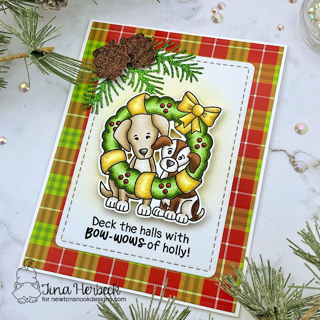 Bow-Wows of Holly Christmas Card by Tina Herbeck | Wreath Pups Stamp Set, Christmas Time Paper Pad, and Pines & Holly Die Set by Newton's Nook Designs #newtonsnook #handmade