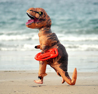 Baywatch dinosaur on Portreath beach, Cornwall.