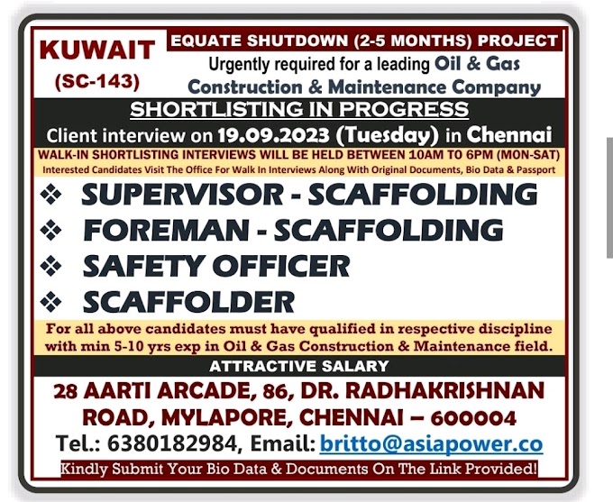 Urgently required for a leading Oil & Gas  Construction & Maintenance Company Jobs Kuwait