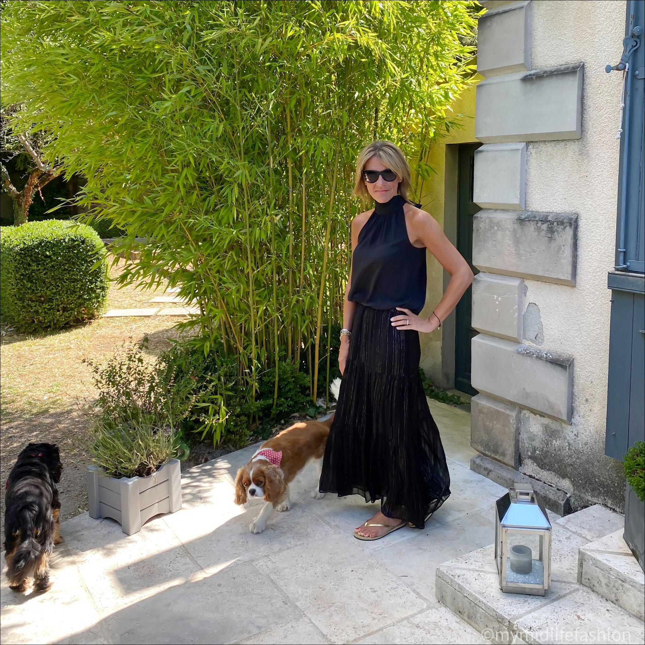 my midlife fashion, j crew halter neck top, and other stories gold metallic thread drop waist maxi skirt, havaianas gold slim fit flip flops