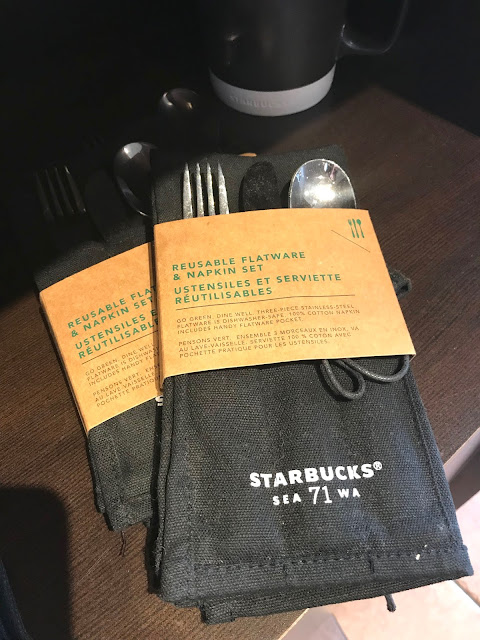 Starbucks merchandise, eco-friendly, reusable utensil set, flatware, cloth napkin, blah to TADA, eco-friendly ideas, blah to TADA