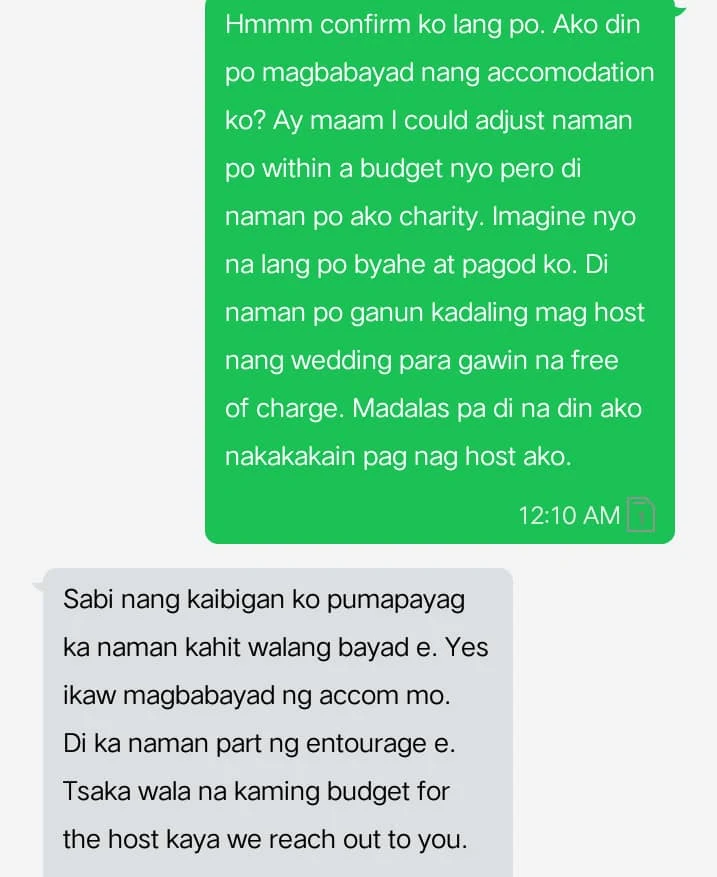 Bride refuses to pay for party host’s TF and accommodation in Batangas wedding