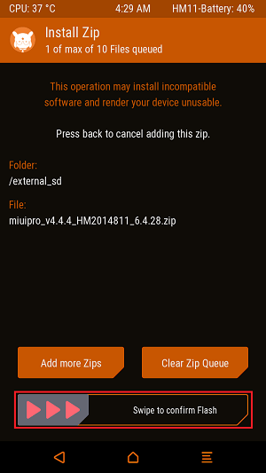 Swipe to confirm Flash - Ganti Custom ROM MIUI Pro Redmi 2 dengan Mudah via TWRP