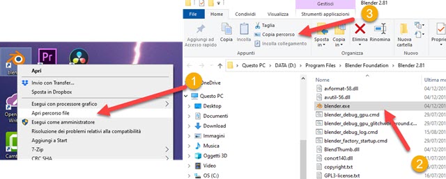 copiare il percorso del file exe di blender