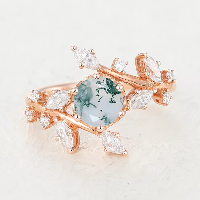 JUYOYO UNIQUE MOSS AGATE ROSE GOLD ENGAGEMENT RING