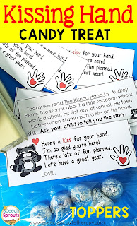 Welcome your speech therapy students back to school with The Kissing Hand and a sweet treat too! FREE treat topper with a parent note to encourage story re-tell. www.speechsproutstherapy.com